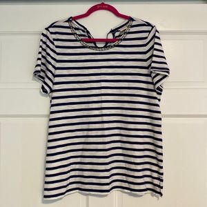 Chico’s blue/white striped tee with embellished neckline and ribbon-tie